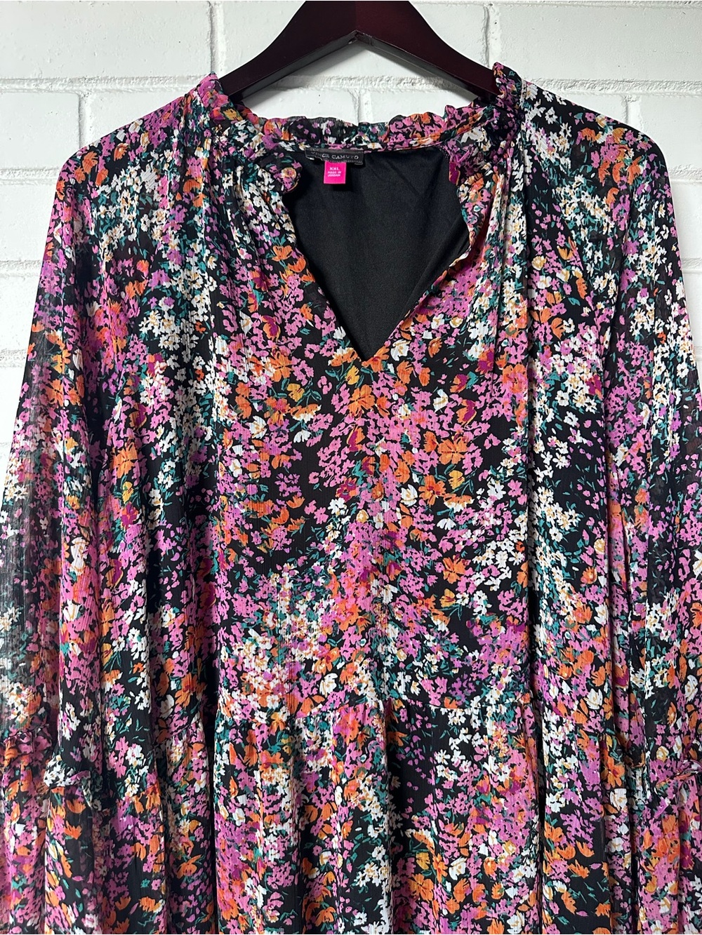Vince Camuto Black Floral Tiered Long-Sleeve Dress with Pink and Orange Accents - Picture 5 of 6